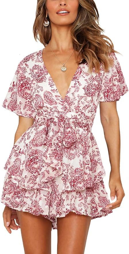Relipop Women's Floral Rompers Jumpsuits V Neck Short Baggy Sleeve Waist Tie Double Layer Ruffle ... | Amazon (US)