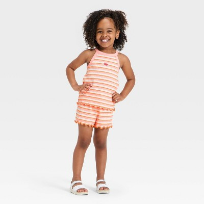 Toddler Girls' 2pc Striped Knit Tank Top and Shorts Set - Cat & Jack™ Pink/Orange 18M | Target