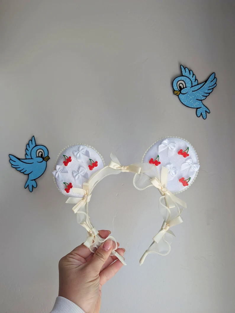Cherry Mickey and Minnie Inspired Bow and Pearl Cottage Core Mickey Ears. Pearl Mouse Ears for th... | Etsy (US)