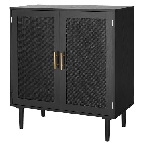 Finnhomy Sideboard Buffet Kitchen Storage Cabinet with Black Painted Rattan Decorated Doors, Dining Room, Hallway, Cupboard Console Table, Liquor/Accent Cabinet, 31.5X 15.8X 34.6 Inches, Black | Amazon (US)