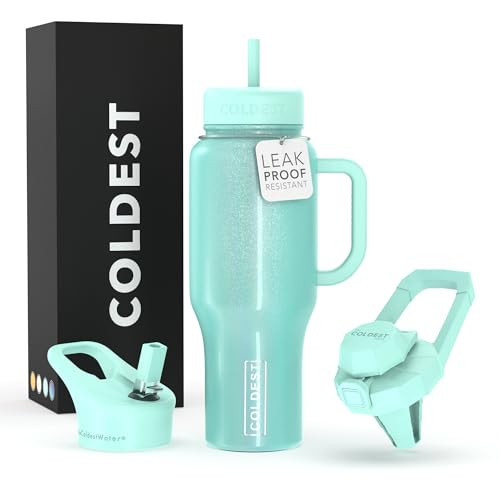 Coldest Tumbler with Handle & 3 Lids, 100% Leak Proof Water Bottle with Straw, 36+ Hours Cold, Insulated Tumblers for Women & Men, Spill Proof Cup Holder Friendly (Astronaut Green Glitter, 36 oz) | Amazon (US)
