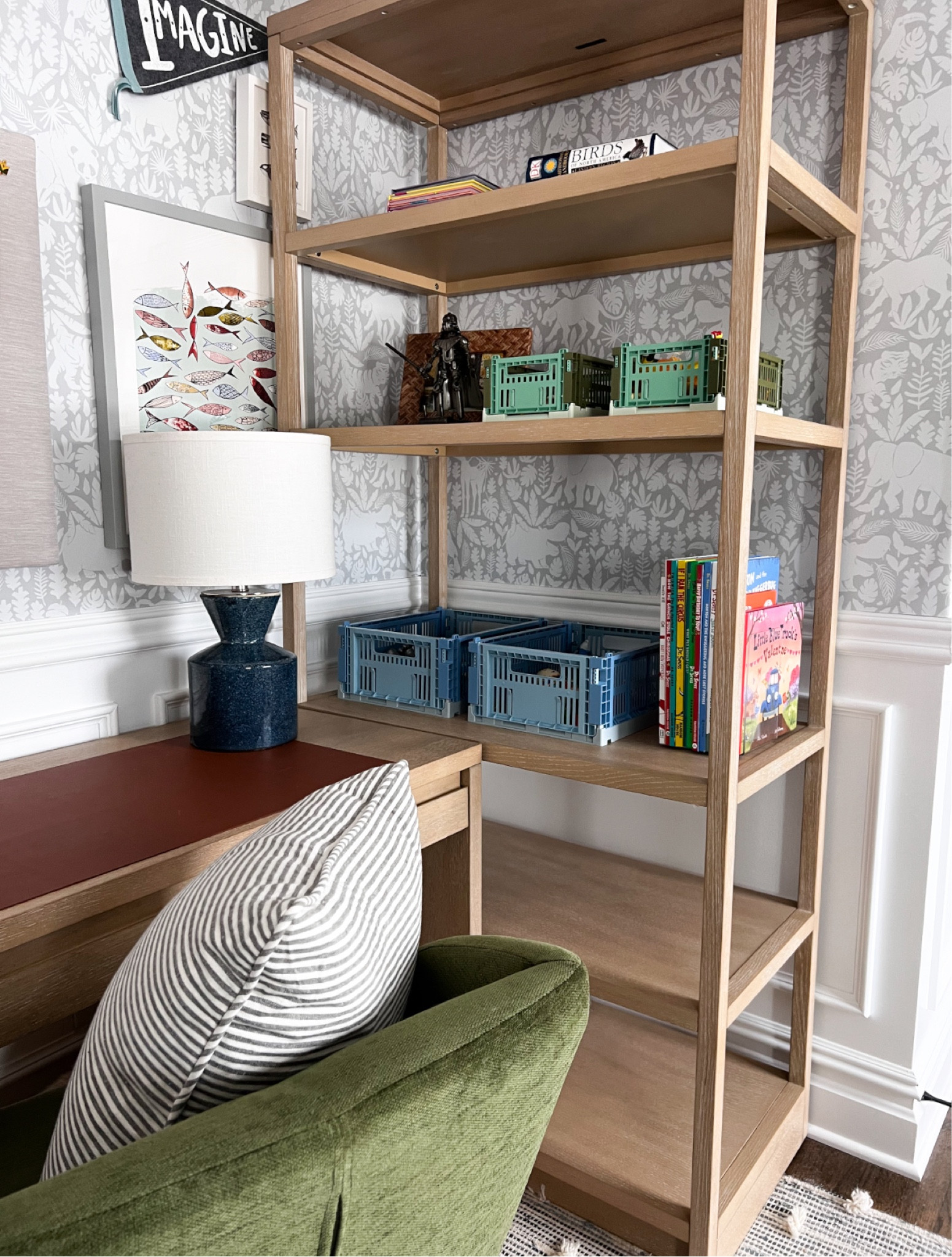 Sharing a peek at Jacob’s bedroom! Wallpaper is peel-and-stick and his desk and bookshelf can be configured a bunch of different ways! Love the green chair that we added 🤍

#LTKfindsunder50 #LTKkids #LTKfamily