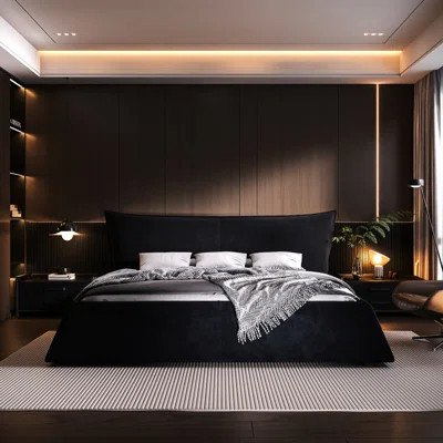 King Size Platform Bed With Velvet Headboard & Solid Wood Soft And Stable Frame | Wayfair North America