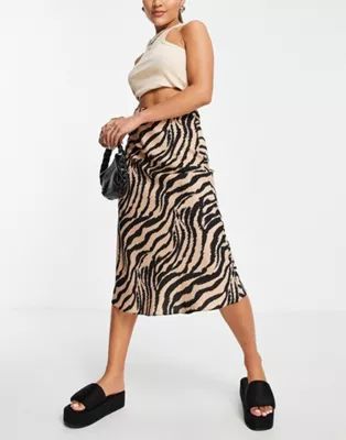 Miss Selfridge satin bias cut midi skirt in animal print | ASOS | ASOS (Global)