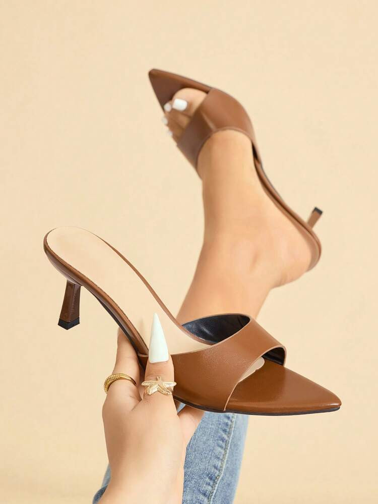 Women's High Heels, Suitable For Spring/Summer, Night Party, Stage Show, Gathering, Outdoor Travel, Dating, Banquet, Casual, Office, Versatile Kitten Heel Pointed Toe Glamorous Sexy Mule Strap Shiny Solid Color Mirror Material Slip-On Elegant Fashion High-End Brown High Heel Sandals | SHEIN