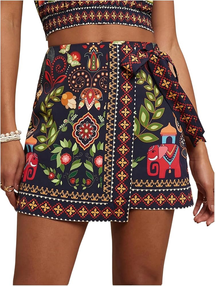 MAKEMECHIC Women's Summer Boho Wrap Mini Skirt Beach Vacation Short Skirts | Amazon (US)