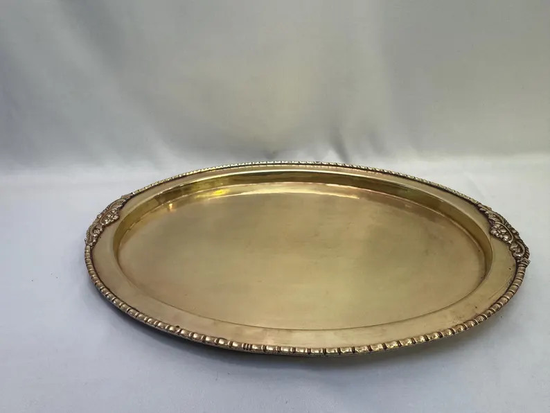 Vintage MCM Hollywood Regency Brass Platter With Bamboo Edges, Ornate Handles 15.5\u201d X 11.5\u... | Etsy (Global)