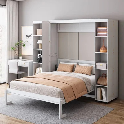 Queen Murphy Bed Wall Bed with Push-Pull Storage Doors in White | MDF+LVL Construction | Space-Saving Solution | Wayfair North America
