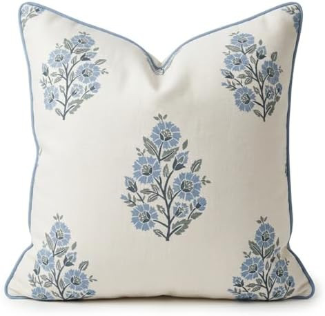 Jillien Harbor “The Camille” Floral Block Print Pillow Cover – Soft Blue and White Decorati... | Amazon (US)