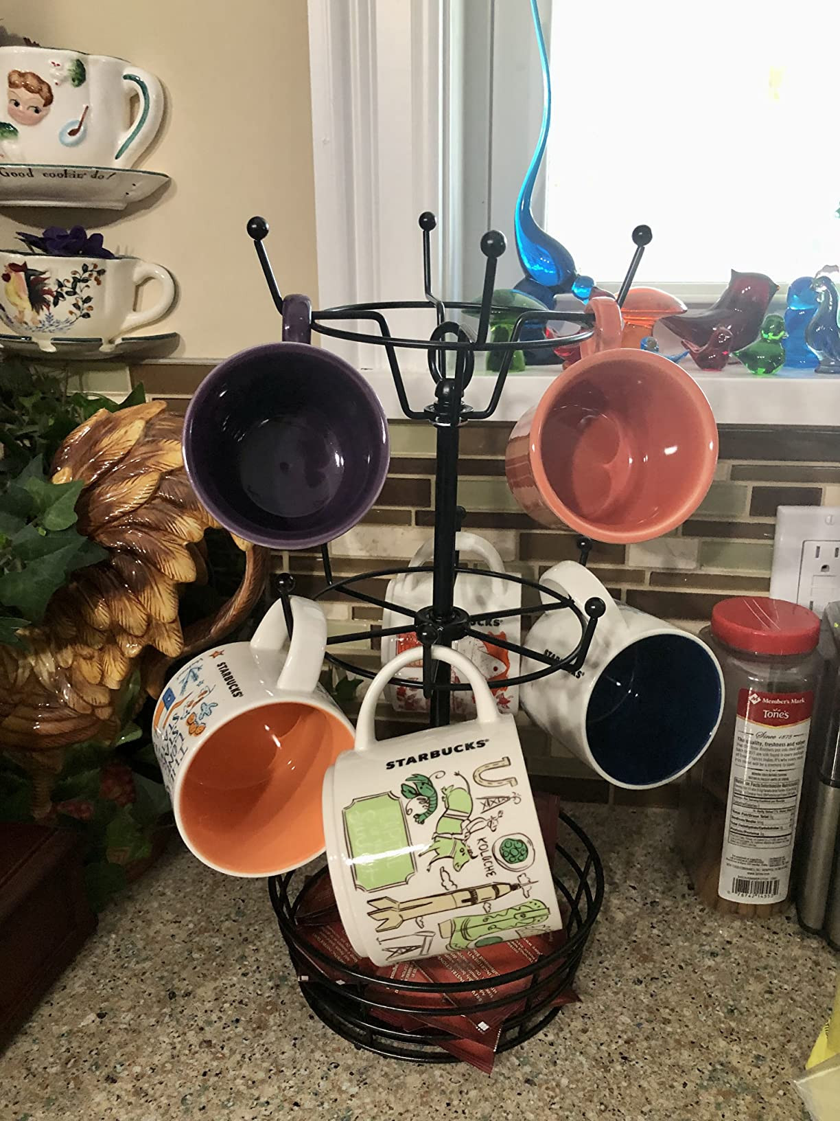 Coffee Mug Holder Tree Stand - Rotatable Metal Coffee Mug Rack Holder, 3 Tiers Handle Coffee Cup Holder for 10 Mug Hooks with Cup Pods & Saucer Basket Storage for Bar Kitchen Counter Black | Amazon (US)