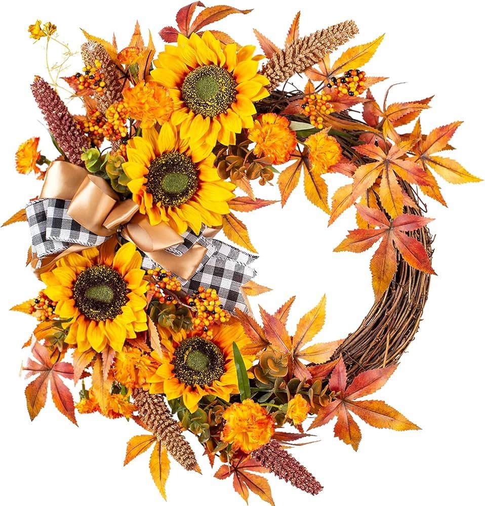 WANNA-CUL 18 Inch Fall Wreath Decor for Front Door with Sunflowers, Grains, Maple Leaves, Berries... | Amazon (US)