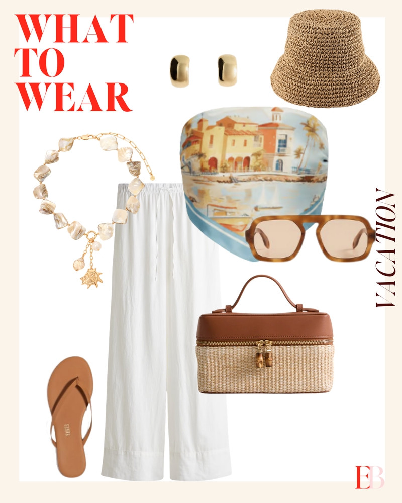 The vacation outfit that looks like you've done this before.

White wide-leg linen pants are the base that makes everything else possible — and this scenic print bandeau is the top that makes the whole outfit worth talking about. It's the kind of print that reads "I found this somewhere interesting" even when you ordered it from your couch. The straw bucket hat and woven vanity bag keep the resort energy going without trying too hard, and the tortoise sunglasses are the accessory that quietly ties the warm tones together.

Tan flip flops because when the outfit is this considered, your shoes should be an afterthought. The mother of pearl necklace with the gold sun charm is the layering piece that makes the gold dome earrings feel intentional rather than random.

This is the outfit for a beach town lunch, a boat day, or any day on vacation where you want to look like you packed well. 

 