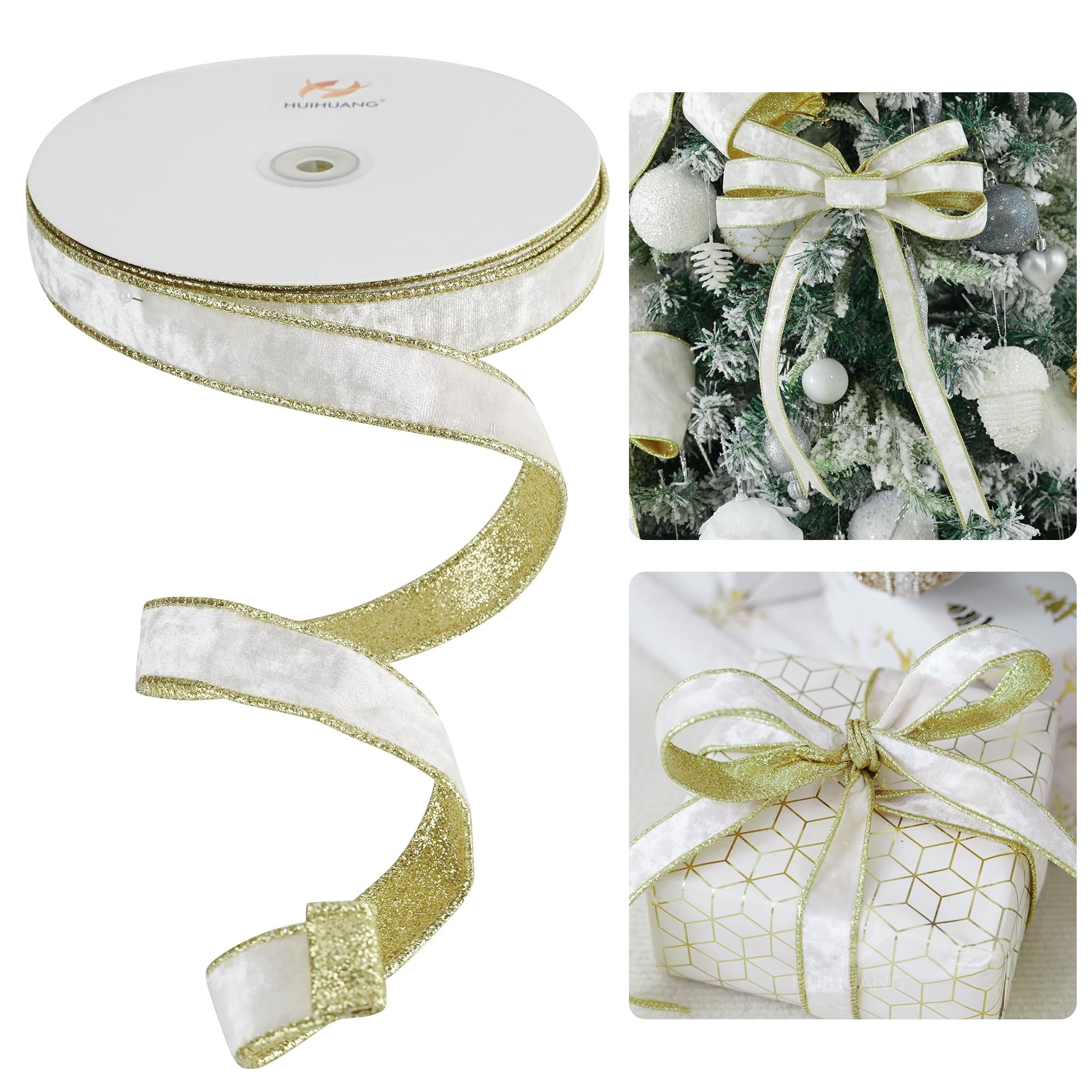 HUIHUANG White Velvet Wired Ribbon 1 inch x Continuous 20 Yards Velvet Ribbon with Gold Glitter B... | Amazon (US)