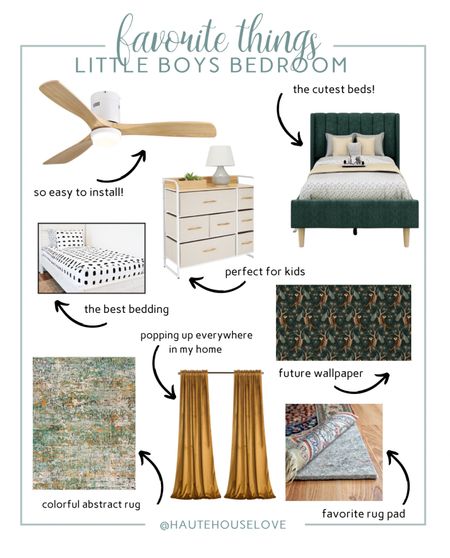 All of my favorite things for my little boys shared bedroom! This ceiling fan is a super easy install and comes with a remote. The green velvet beds are adorable and perfect for kids. Future tiger print wallpaper and the curtains that are popping up everywhere in this house! Colorful Abstract area rug and the best rug pad ever!

#LTKkids #LTKhome #LTKFind