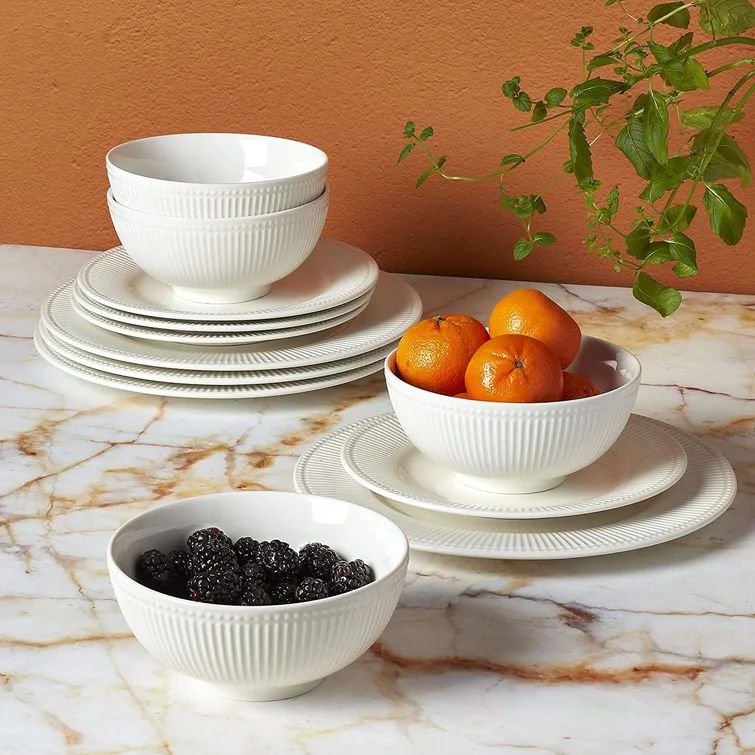 12 Piece Dinnerware Set Embossed Bone White Porcelain (Dinner Plate, Salad Plate, Cereal Bowl) | Wayfair North America