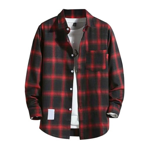 Mens Flannel, Fr Long Sleeve Shirts for Men Men's Blouses Lapel Shirt Long Sleeve Plaid T-Shirts Loose Shirt with A Coat Button Down Casual Shirts Plus Size Fashion Tops Red Medium | Amazon (US)