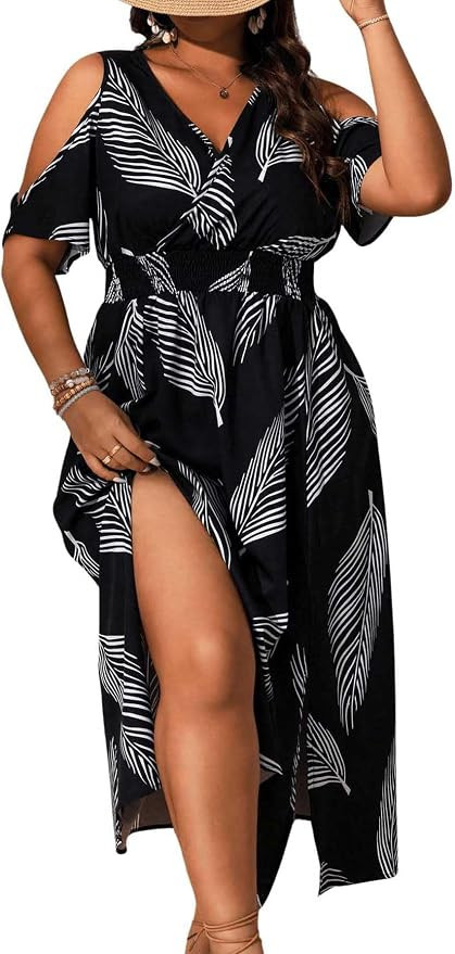 Floerns Women's Plus Size Cold Shoulder Tropical Print V Neck Flared A Line Long Dress | Amazon (US)