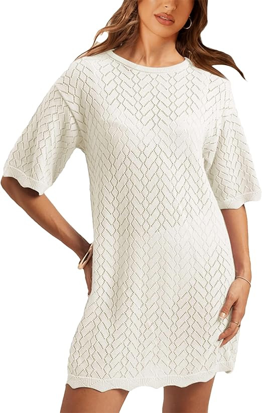 Women's Relaxed Knit Casual Summer Dress Mini Sundress Crew Neckline Crochet Swimsuit Coverups | Amazon (US)