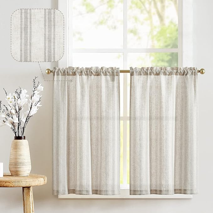 jinchan Gray Striped Linen Kitchen Curtains 24 Inch Cafe Tier Curtains Balanced Stripe Farmhouse ... | Amazon (US)