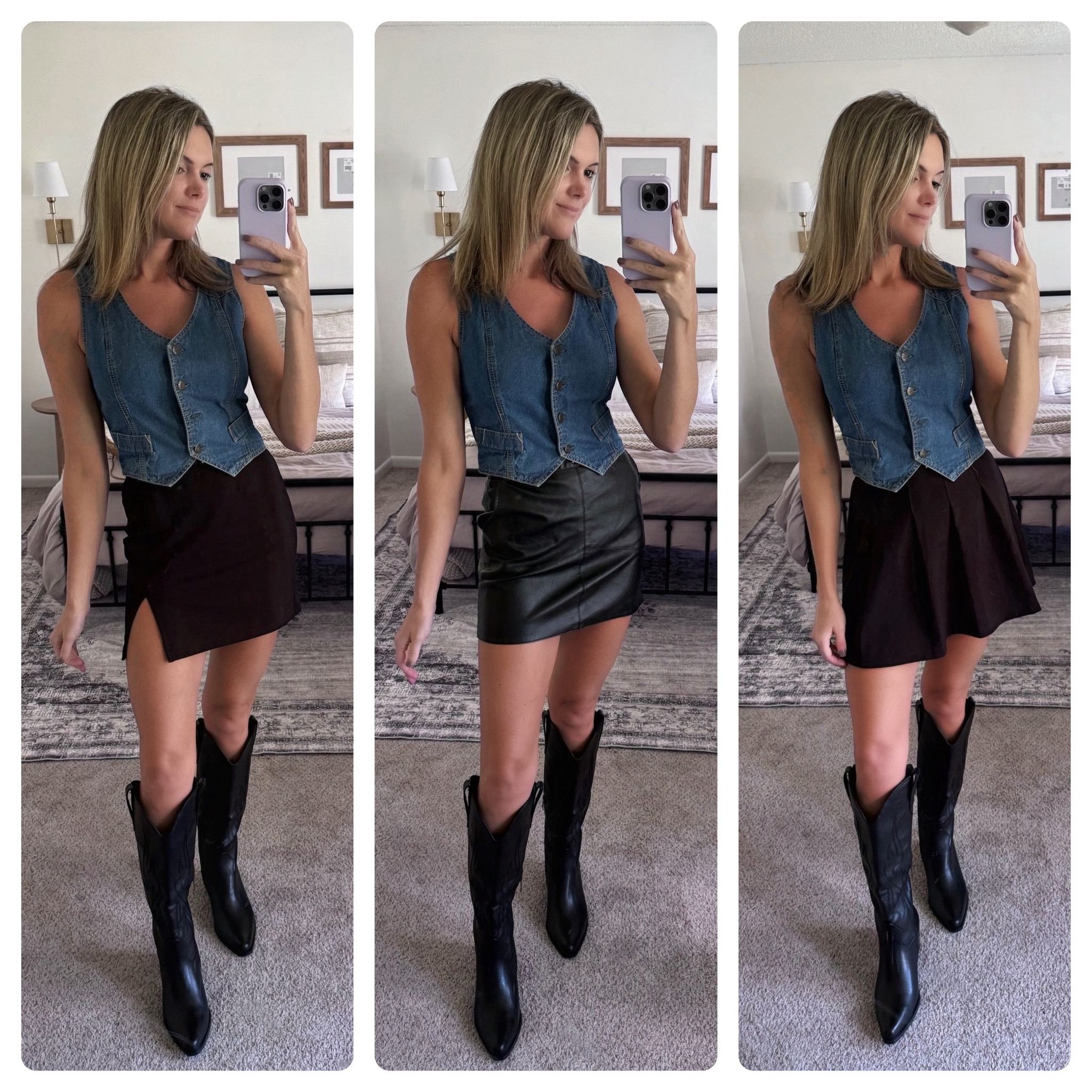 Country festival, black boots, denim vest. 