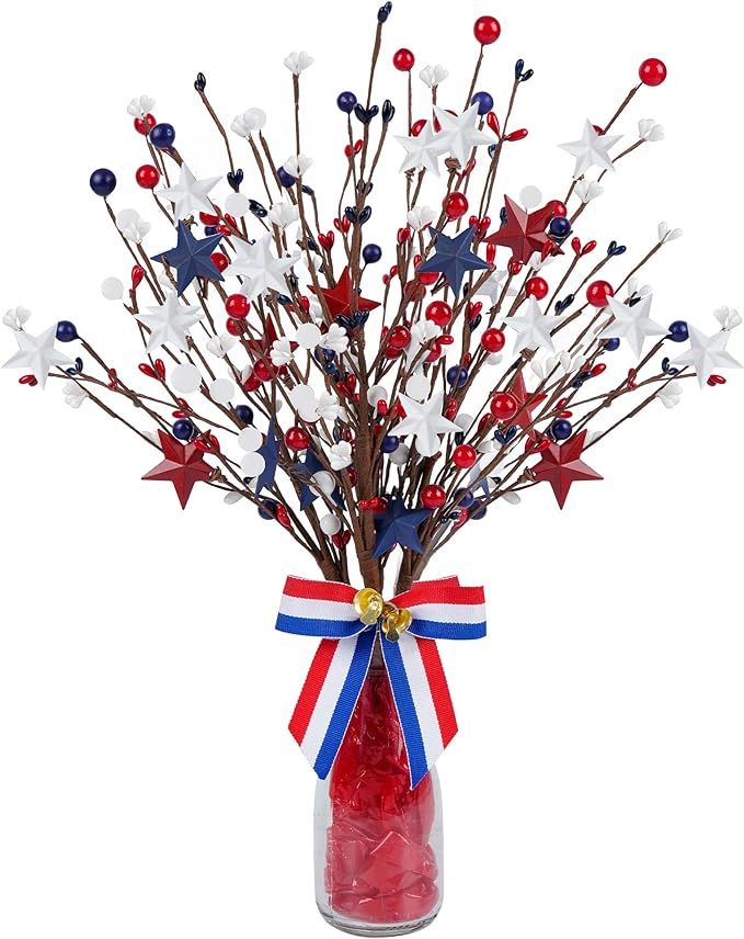 4 Pack Patriotic Artificial Berry Stem Picks White Blue Red Stars for 4th of July Independence Da... | Amazon (US)