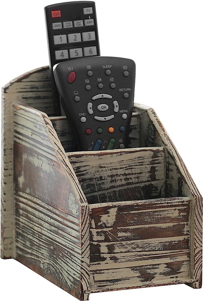 3 Slot Rustic Torched Wood Remote Control Caddy/Media Organizer, Storage Rack | Amazon (US)