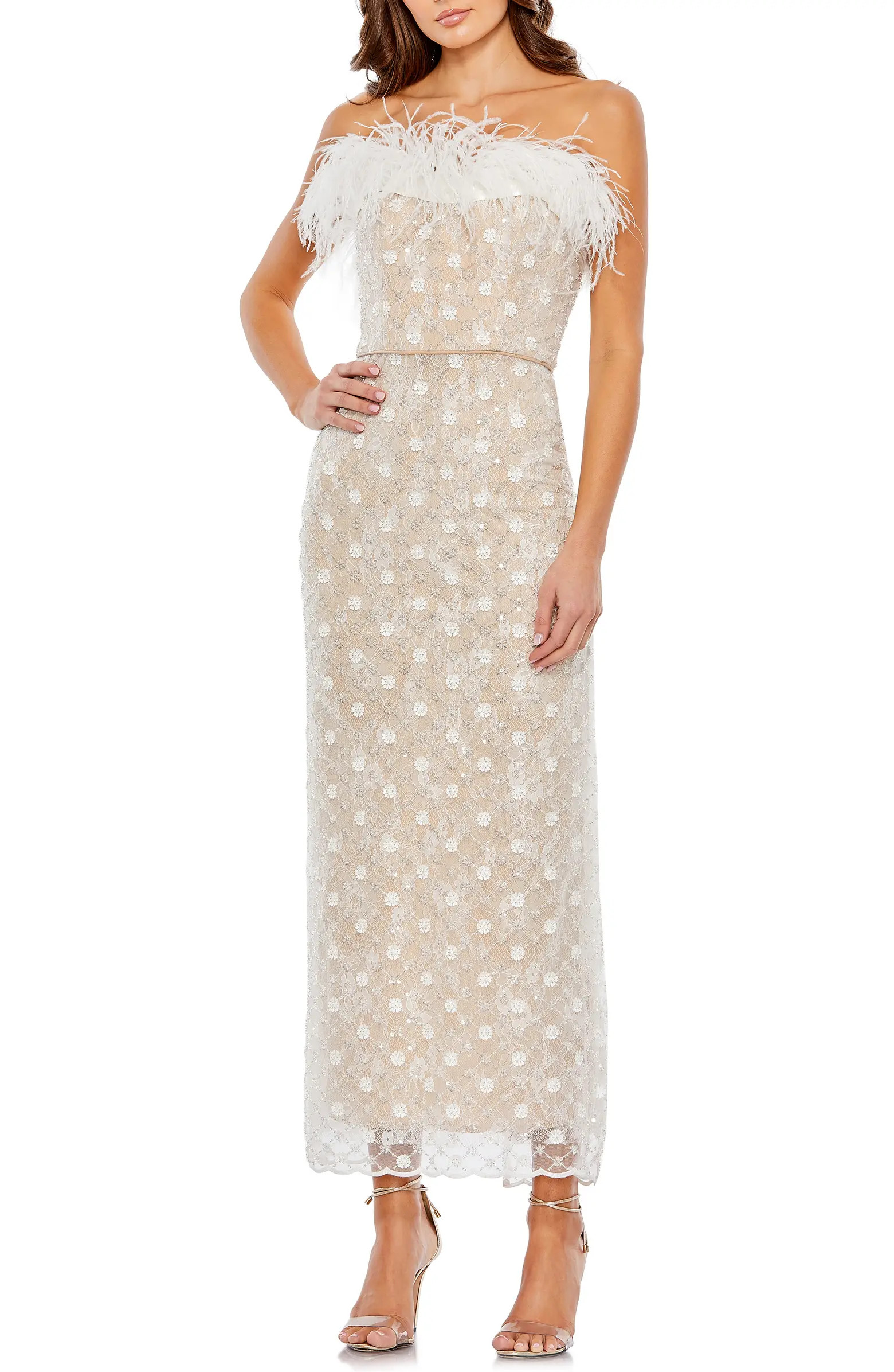 Feather Detal Beaded Strapless Lace Gown | Nordstrom