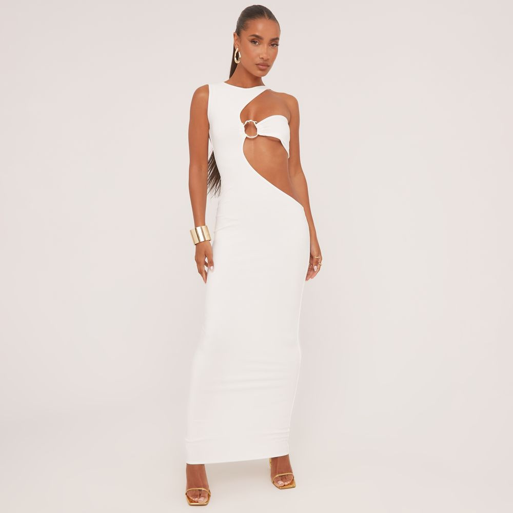 Sleeveless Textured Ring Detail Cut Out Maxi Dress In White Slinky | EGO (UK)