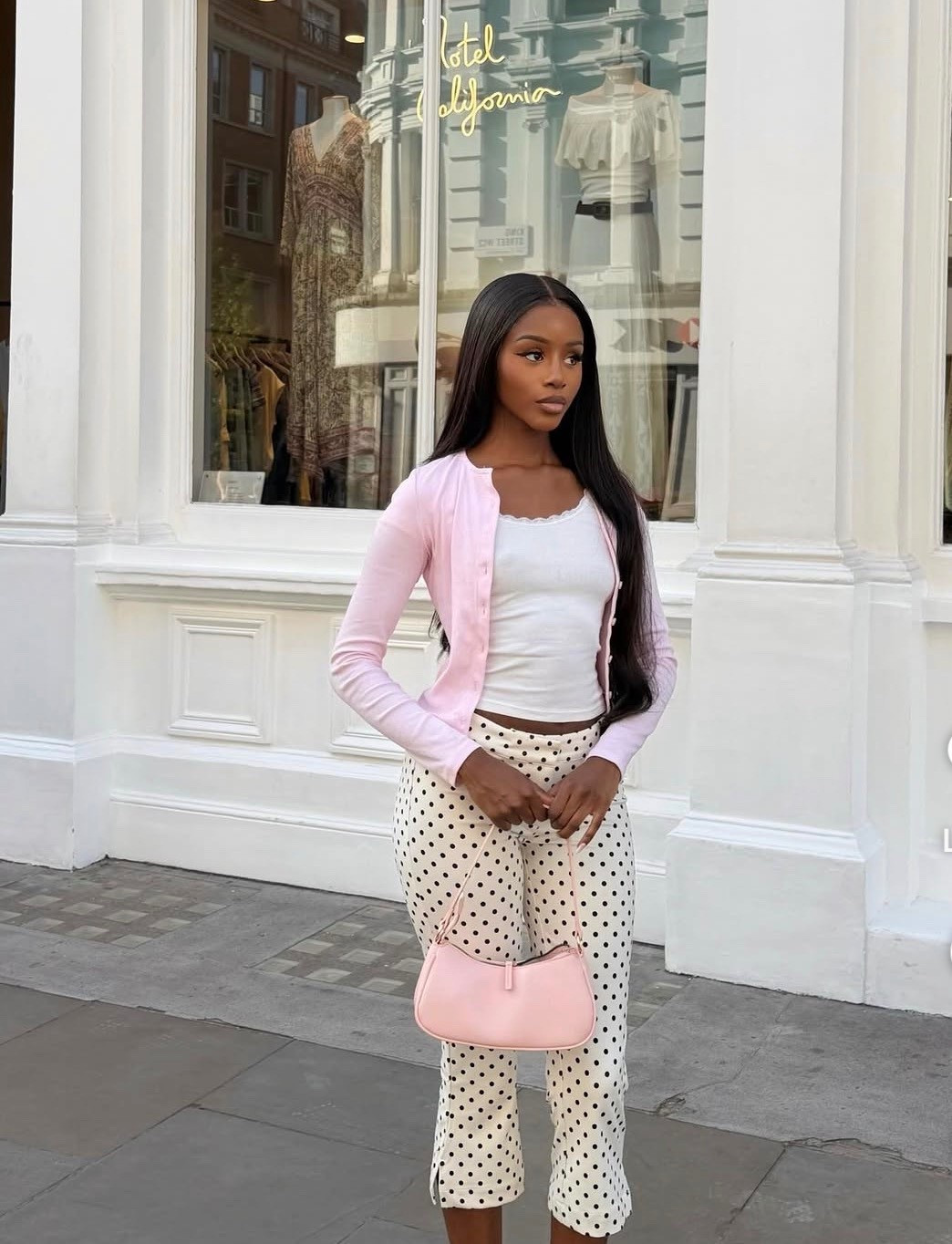Polka dot pants
Pink cardigan 

#LTKBeauty #LTKootd #LTKPetite