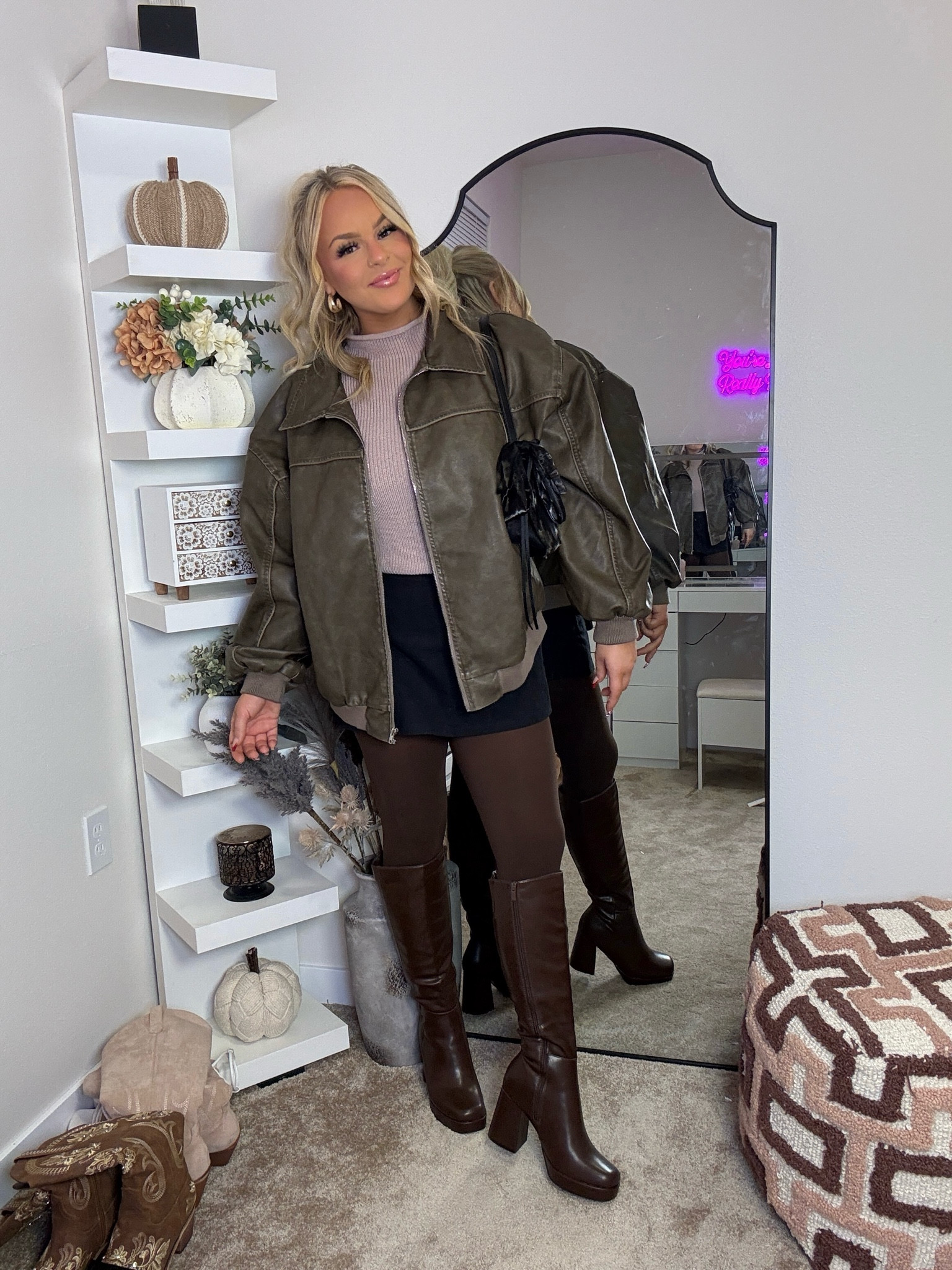Wearing a US 8 in the jacket because I wanted it oversized but it’s already very oversized so I’d say get your true size! I should have gotten a 6! 🤎🖤 also a US 8 in the skirt, a medium in the sweater underneath, and a L-XL in the tights 🤎 

#LTKGiftGuide #LTKShoeCrush #LTKStyleTip