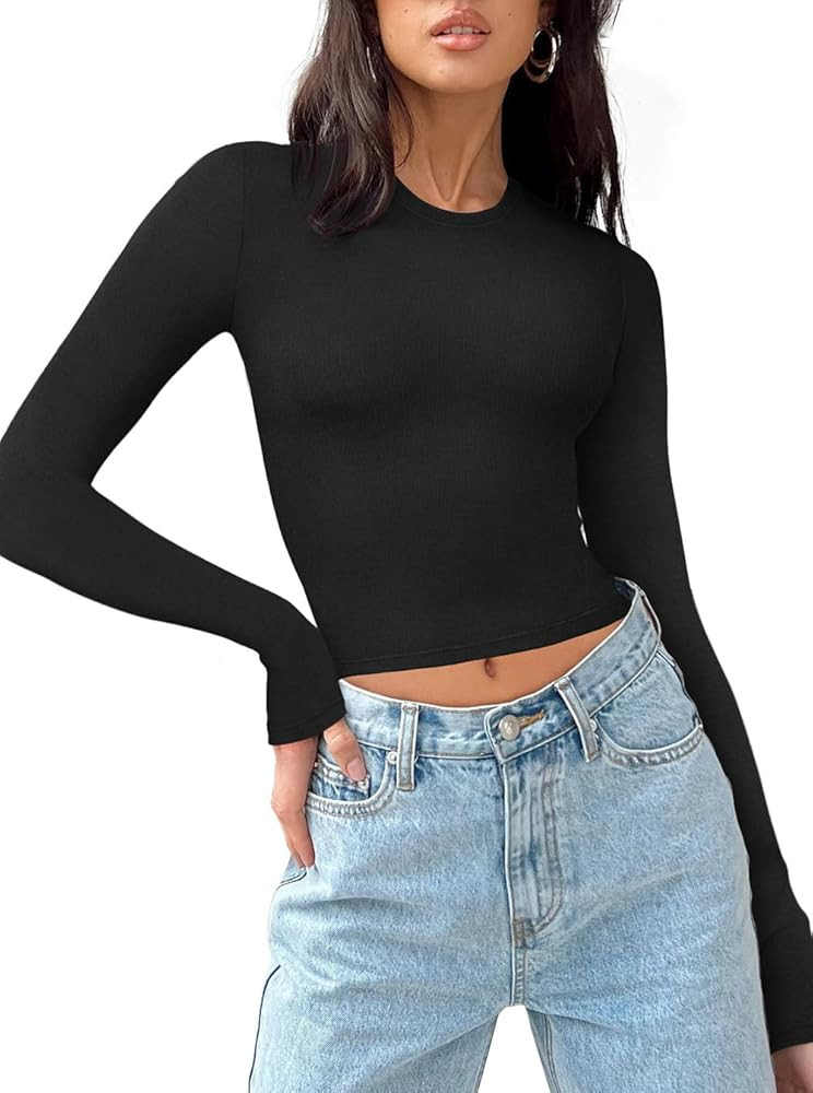 REORIA Womens Long Sleeve Shirts Basic Ribbed Crop Tops Fall Fashion Layering Slim Fitted Y2k Top... | Amazon (US)