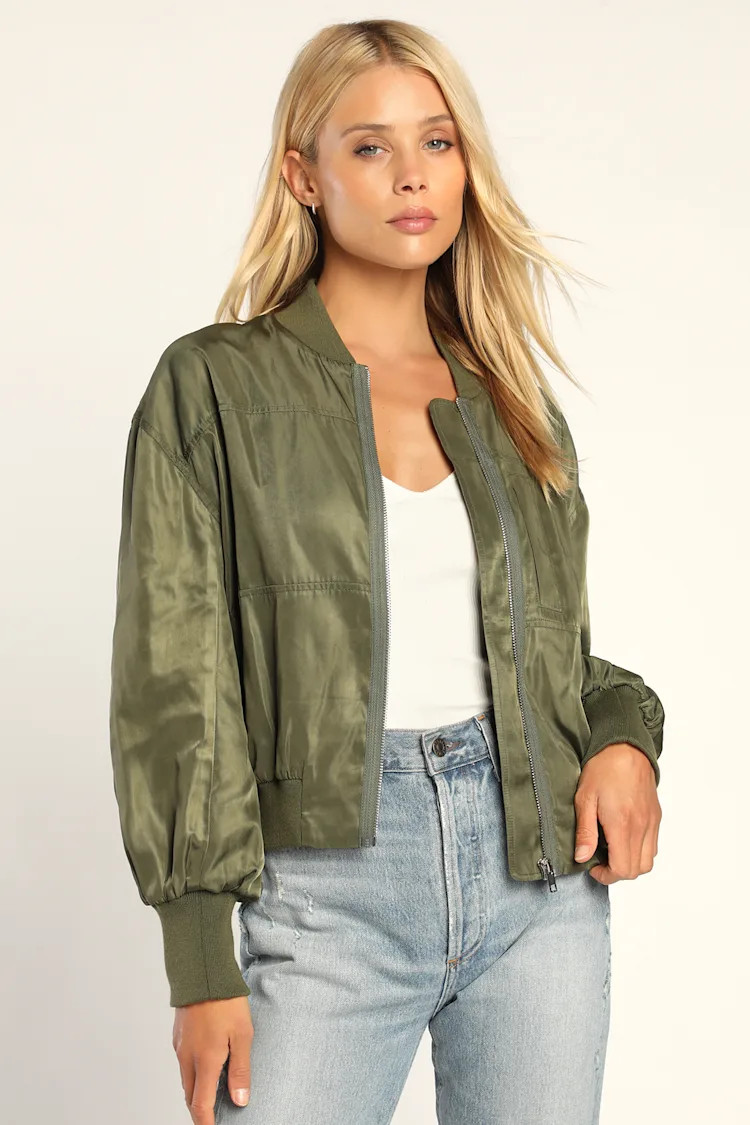 Born Cool Olive Green Satin Lightweight Bomber Jacket | Lulus (US)