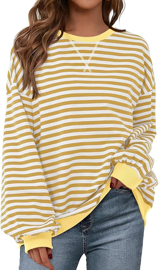 Womens Striped Oversized Sweatshirt Color Block Crew Neck Long Sleeve Casual Loose Pullover Top Y... | Amazon (US)