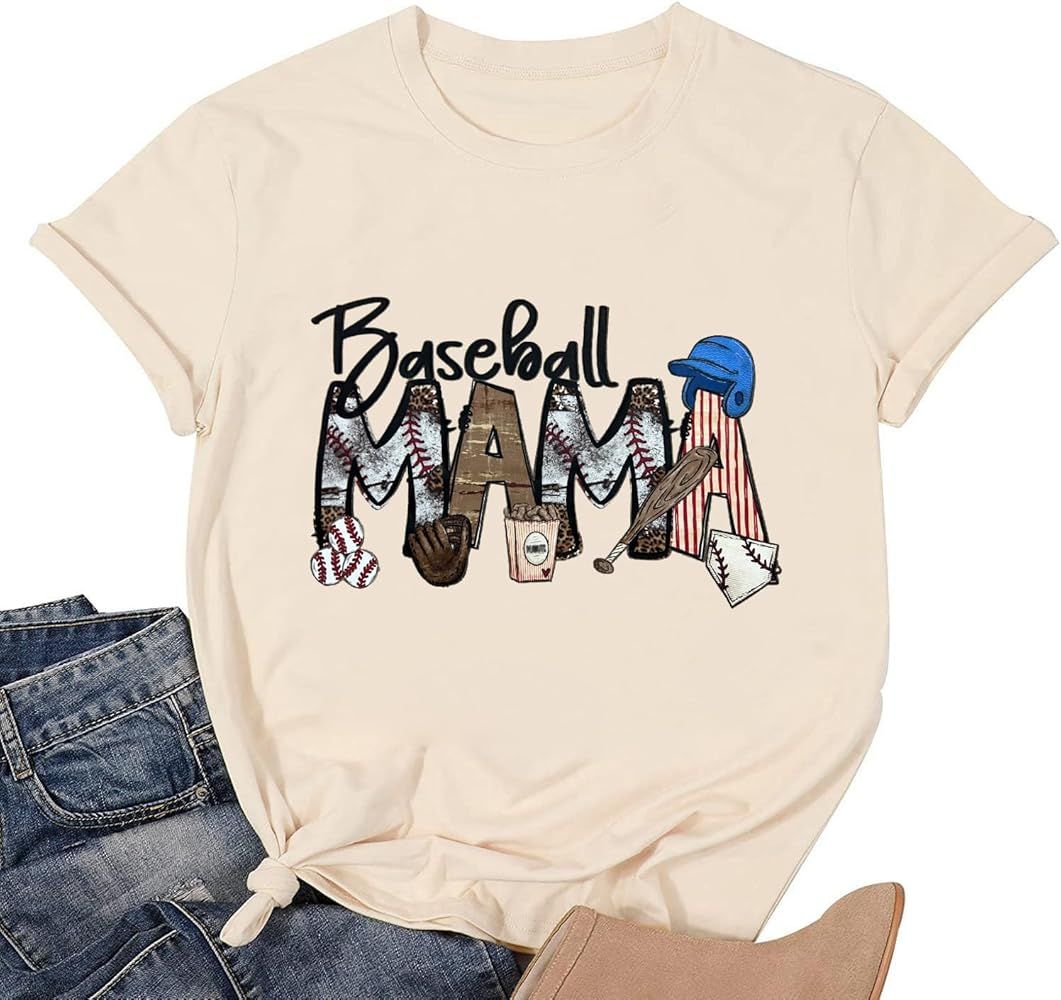 Baseball Mom Shirts Women Game Day Baseball Letter Print T-Shirt Short Sleeve Baseball Mama Life ... | Amazon (US)