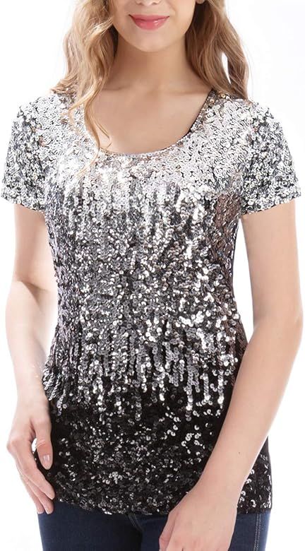 MANER Women’s Full Sequin Tops Glitter Party Shirt Short Sleeve Sparkle Blouses S-3X | Amazon (US)