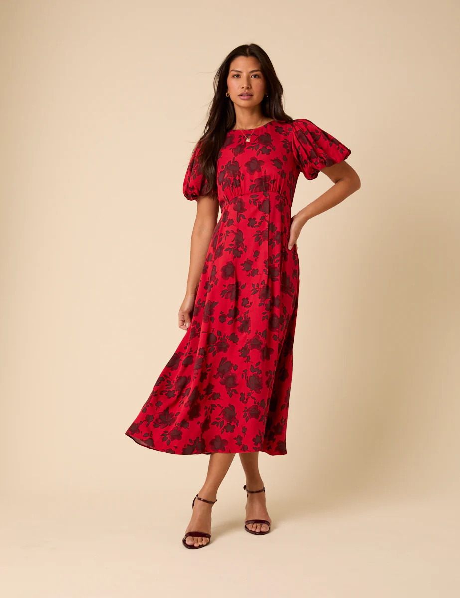 Red Puff Sleeve Quinn Midi Dress | Nobody's Child