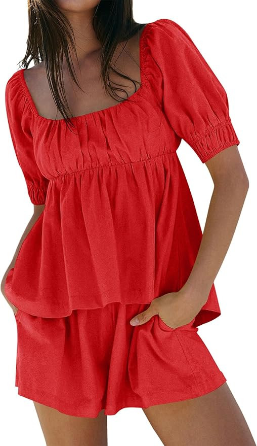 Tankaneo Womens 2 Piece Outfits Summer Square Neck Short Puff Sleeve Babydoll Tops and Shorts Mat... | Amazon (US)