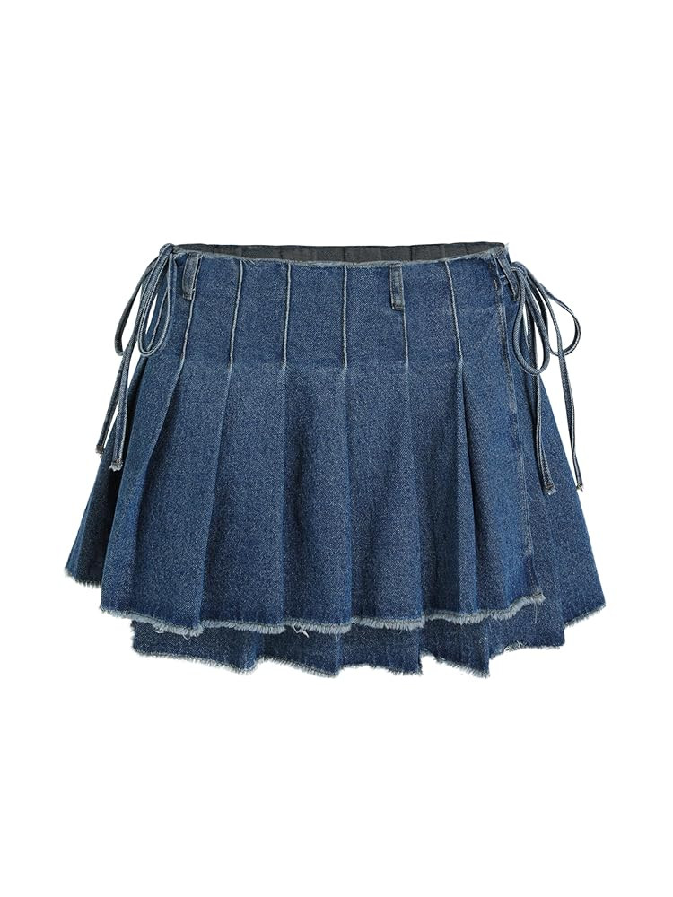 CIDER Denim Washed Raw Hem Pleated Knotted Mini Skirt | Amazon (US)