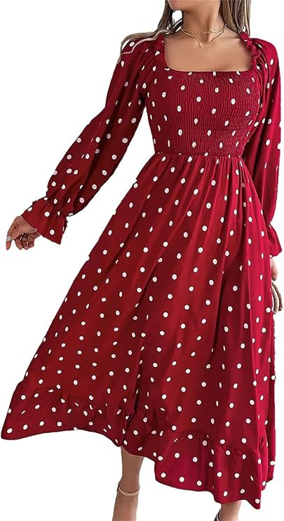 Women's Polka Dot Scoop Neck Dress Spring & Fall Casual Style Long Sleeve Maxi Dress | Amazon (US)