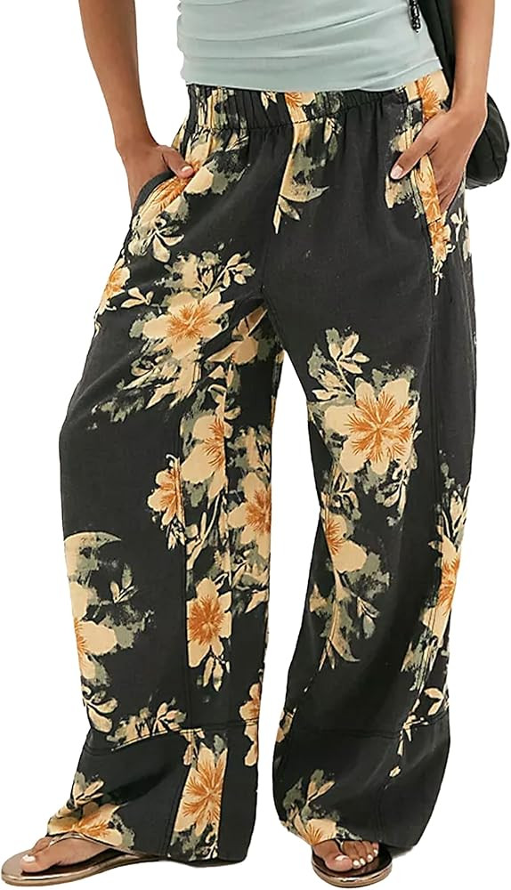 Womens Printed Striped Wide Leg Pants Elastic Waist Summer Boho Palazzo Beach Vacation Trousers P... | Amazon (US)