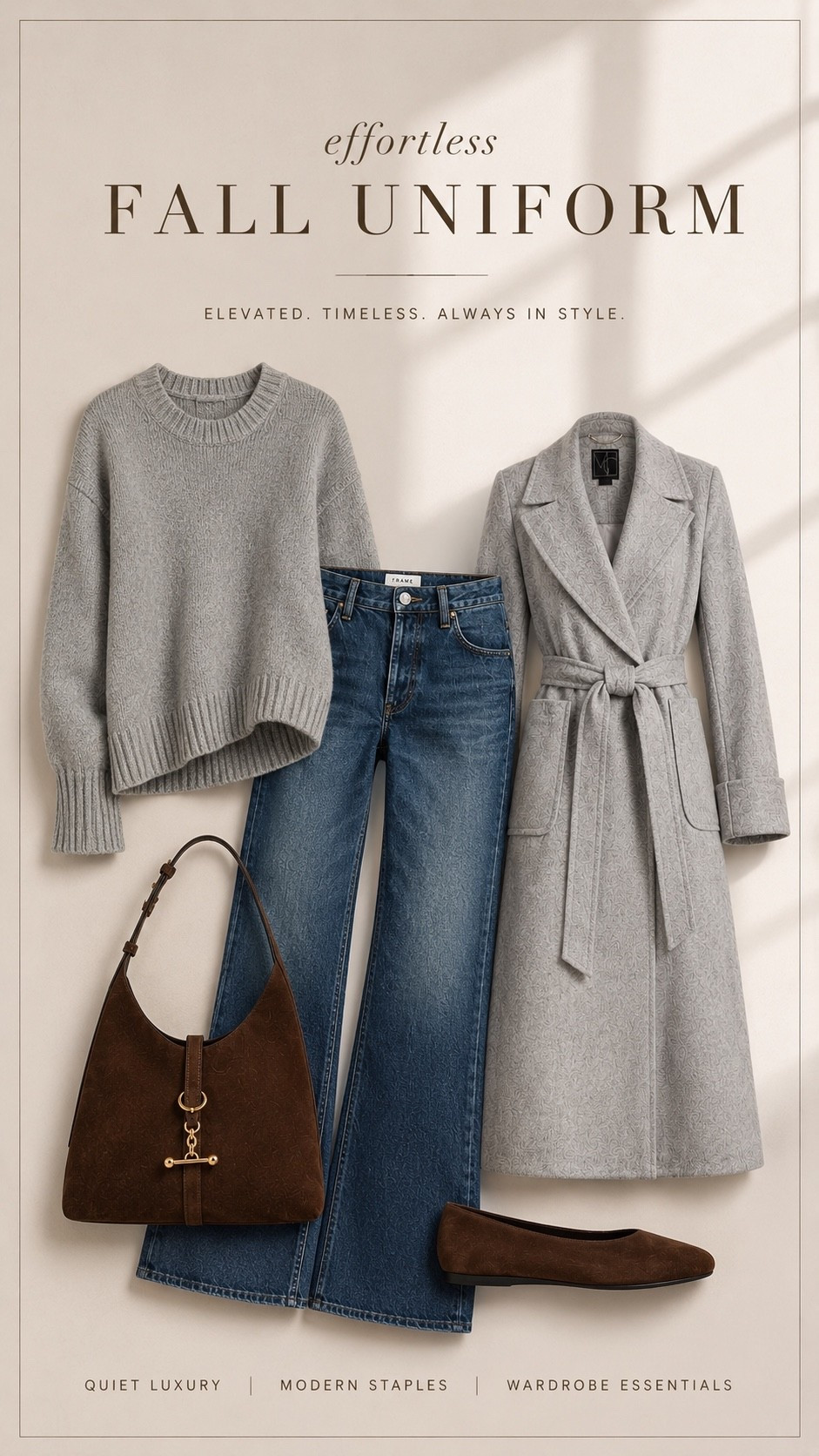What I'm reaching for on repeat 🤎 Timeless layers, rich neutrals and elevated everyday staples that make getting dressed feel effortless.

A classic trench or belted coat instantly pulls everything together, while soft grey knits from @Saks are the perfect transitional layer as temperatures cool. Add denim in an easy straight or relaxed silhouette, then finish with sleek ankle boots, refined ballet flats or a chocolate brown heel. A suede shoulder bag and polished leather belt bring in that rich texture that makes even the simplest jeans and sweater combination feel expensive.

These are the quiet luxury fall staples worth investing in now because every piece can be mixed, matched and worn countless ways throughout the season.

Shop my fall fashion edit including trench coats, grey sweaters, FRAME jeans, suede bags, ballet flats, ankle boots, belts and elevated everyday basics on LTK. #Saks #sakspartner
