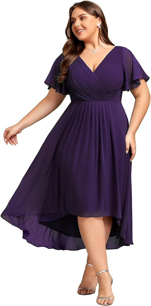 Ever-Pretty A Line Ruched V Neck Chiffon Short Sleeves Knee Length Plus Size Wedding Guest Dresse... | Amazon (US)