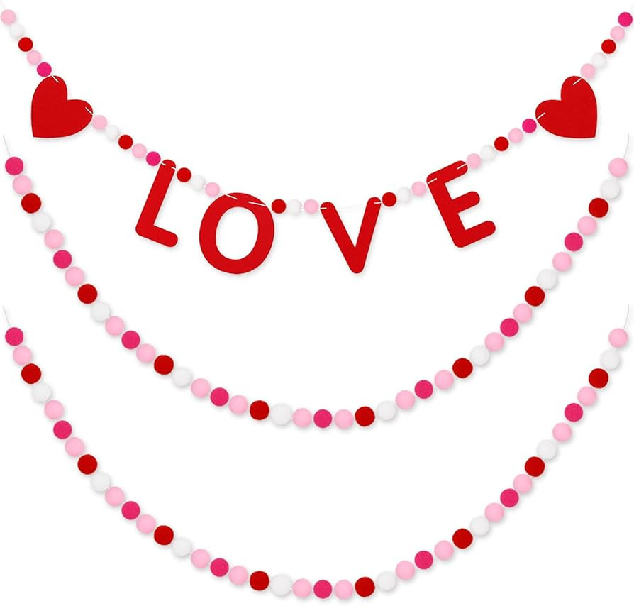 Whaline 3Pcs Valentine's Day Felt Banner LOVE Heart Pom Pom Banner Red White Pink Pom Ball Decora... | Amazon (US)
