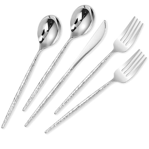 SUT 150PCS Silver Plastic Silverware, Disposable Utensils, Includes 50 Knives, Forks and Spoons, Hammered Silverware Set, Silver Plastic Cutlery. Plastic Silverware Heavy Duty for Party/Wedding | Amazon (US)