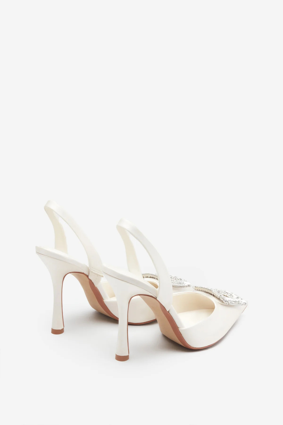 Just A Fling | Ivory Satin Sling Back Heels With Diamante Brooches | Club L London