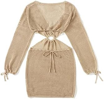 MakeMeChic Women's Crochet Cover Up Long Sleeve Knitted Swim Beach Cover Up Dress Swimwear | Amazon (US)