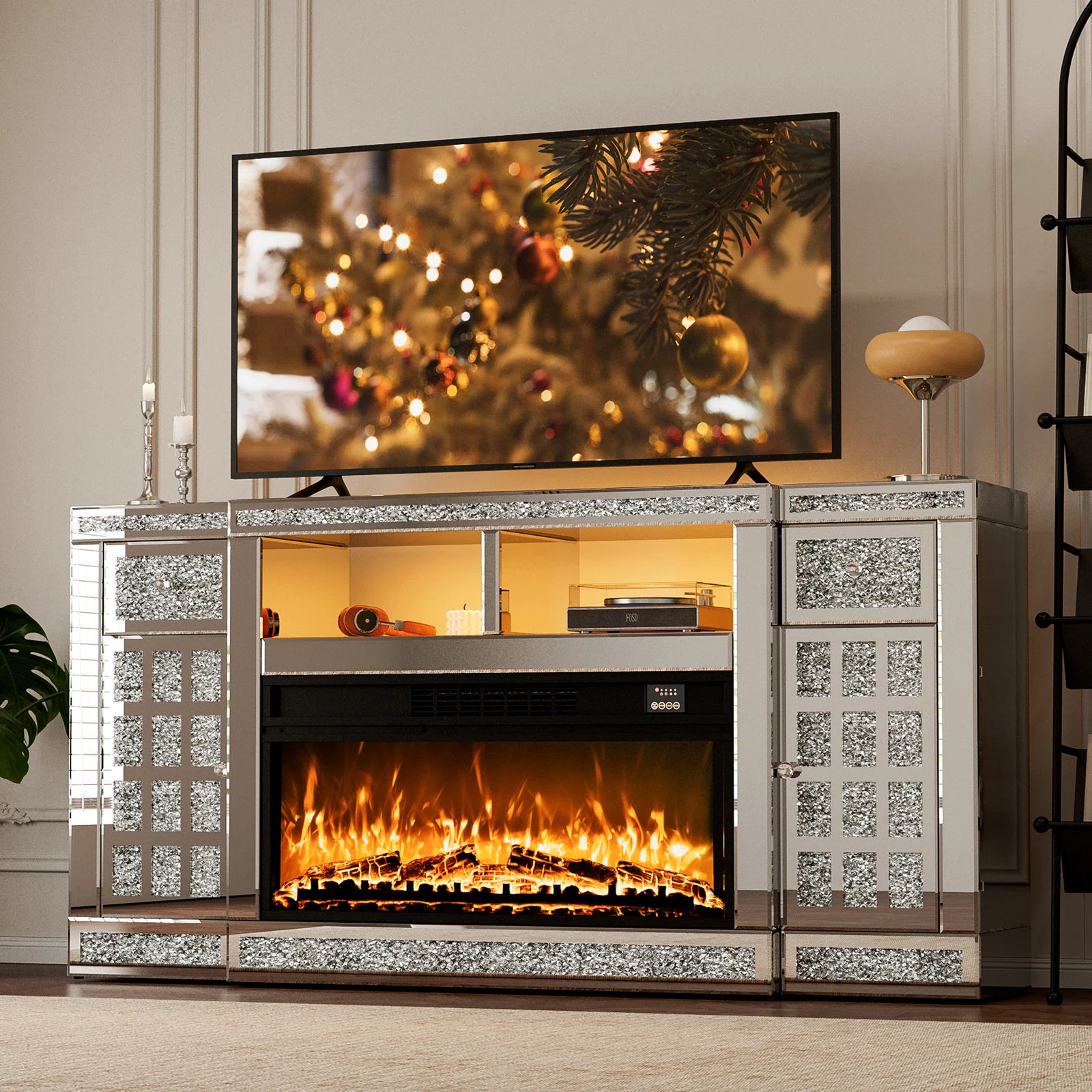 Mirrored Fireplace Tv Stand For 65+ Inch Tv, Silver Tv Console Table With Crushed Diamond And Led... | Wayfair North America