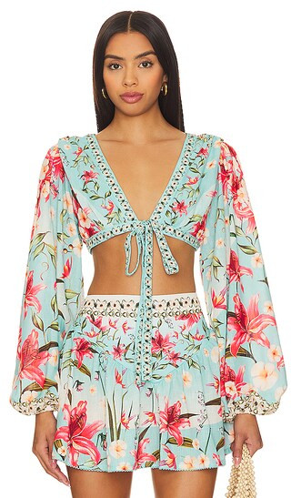 x REVOLVE Klemen Tie Front Blouse in Aqua Floral | Revolve Clothing (Global)