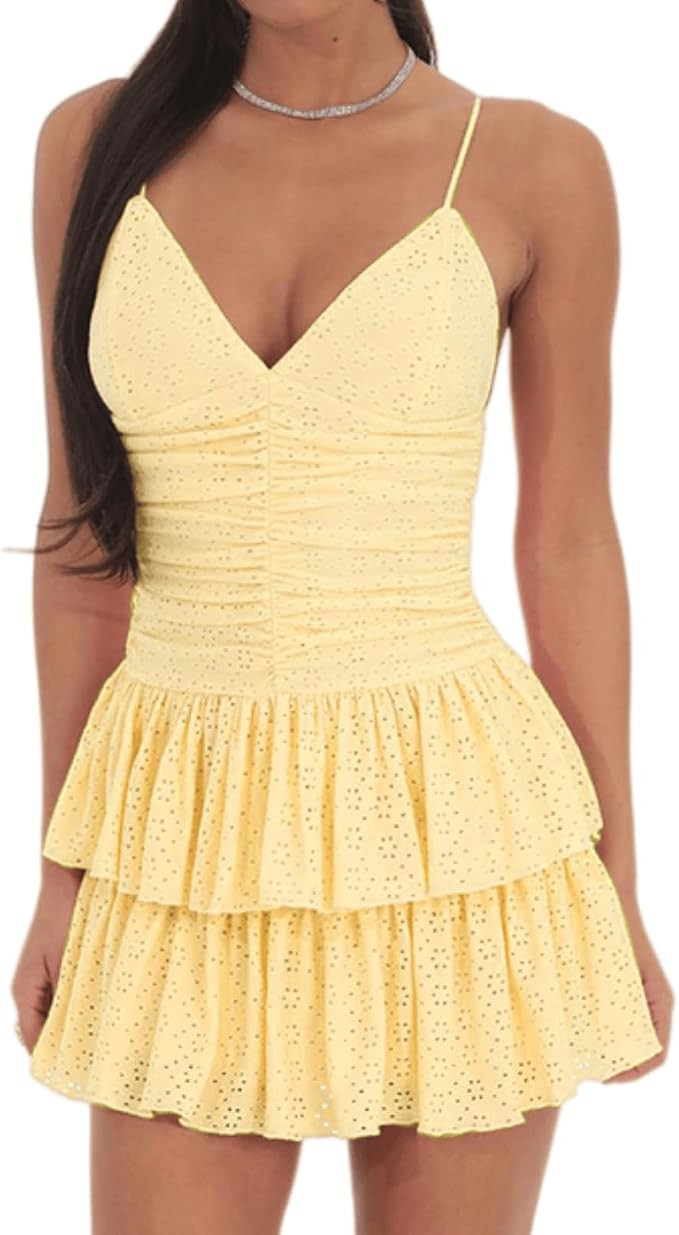 YOXUA Women's Deep V-Neck Spaghetti Strap Casual Tiered Mini Dresses Summer Layer Ruffle Hem Shor... | Amazon (US)