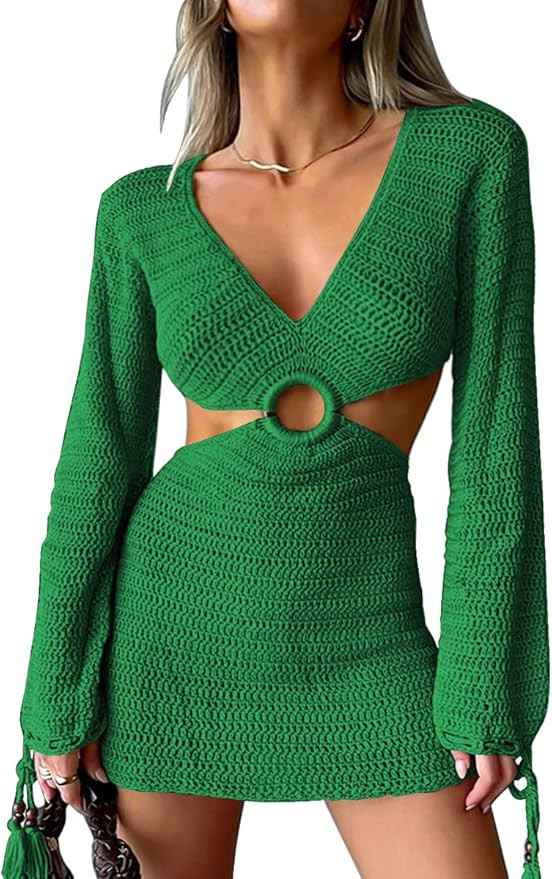 LILLUSORY Women's 2023 Beach Dresses Spring Long Sleeve V Neck Swimsuit Cover Up Dress | Amazon (US)